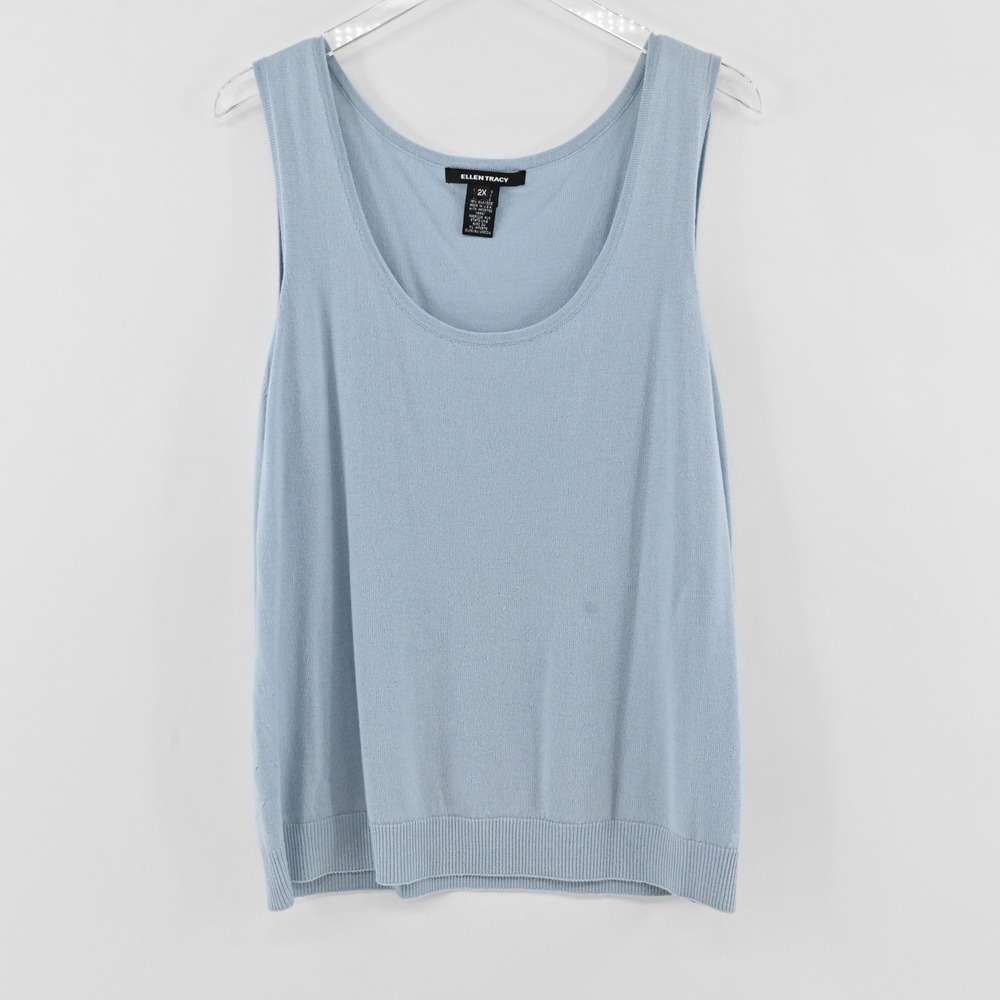 Ellen Tracy Merino Wool Silk Knit Tank Top Womens Size 2X Blue Sleeveless Shell